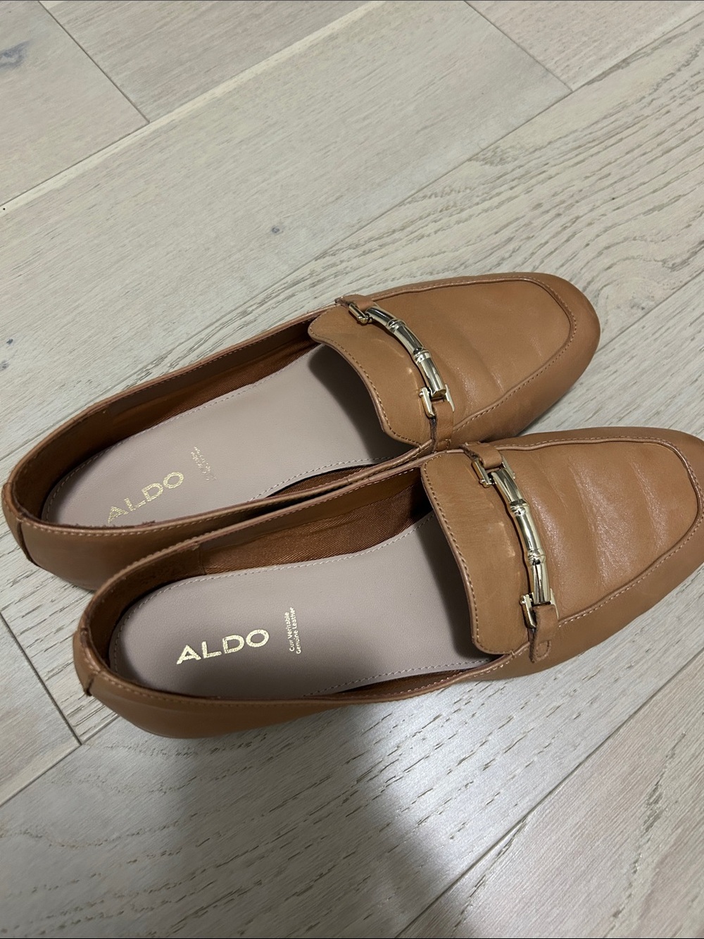 ALDO Women's Camel Brown Leather Loafers with Gold Accent
